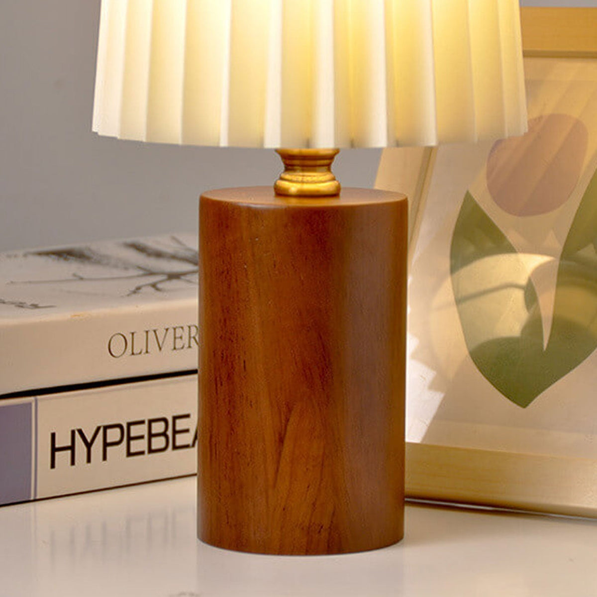 Wooden Desk Lamp with Fabric Shade 12 Inch Accent Light for Nightstand Office Den Dimmable LED Small Reading Light Modern Home Décor