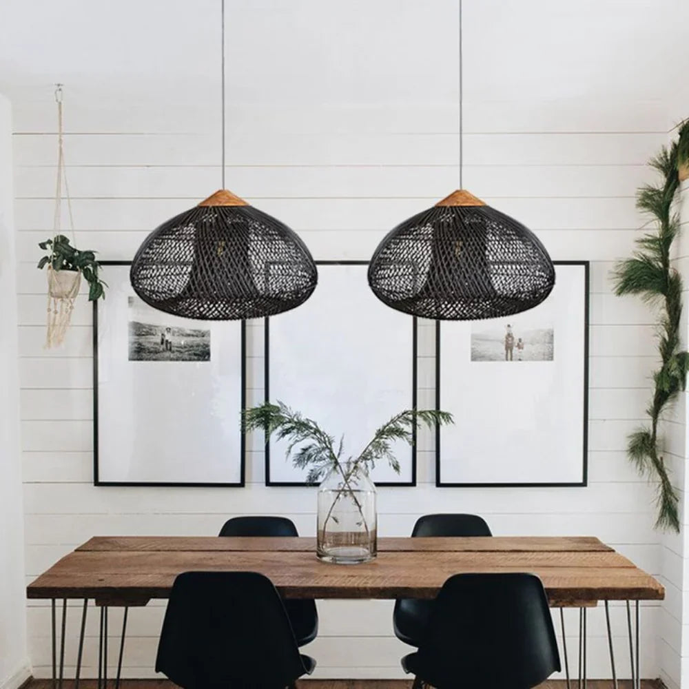Woven Rattan Ceiling Light Fixture E26 Natural Boho Hanging Lamp for Dining Kitchen Island Bedroom Ambient Lighting Handcrafted Organic Text