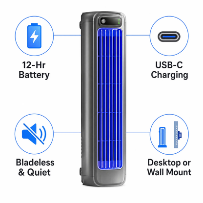 Rechargeable Cordless Personal Cooling Fan Tower with 12-Hour Battery Life – Bladeless Quiet Airflow, Desktop & Wall Mount, Lightweight for