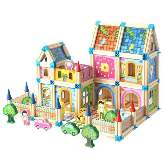 Kit de construction de maison de poupée modulaire en bois – Activité de création pour enfants de 2 ans et plus avec pièces architecturales, portes et fenêtres
