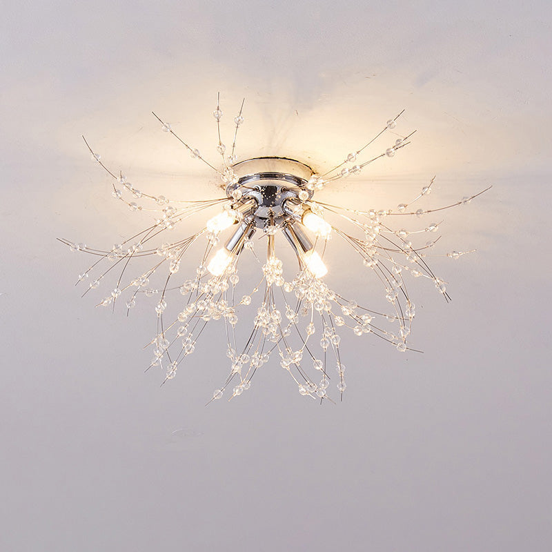 Plafonnier encastré au design pissenlit en cristal – Luminaire de 16 po doré et argenté pour chambre, couloir, salle de bain