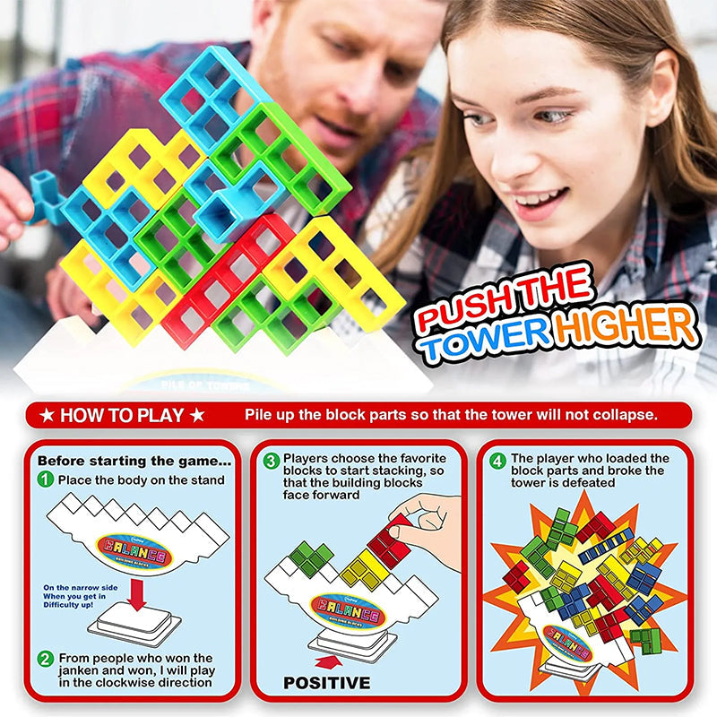 Wooden Stacking Tower Game for Kids - Tumbling Block Balance Challenge with Colorful Tetris Shapes for Toddlers & Children Ages 3+