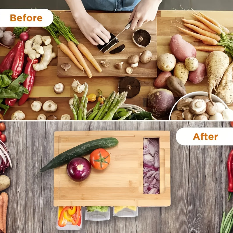Bamboo Chopping Board with Slide-Out Prep Trays & 4-Piece Grater Set – All-in-One Food Prep Station for Home Kitchens