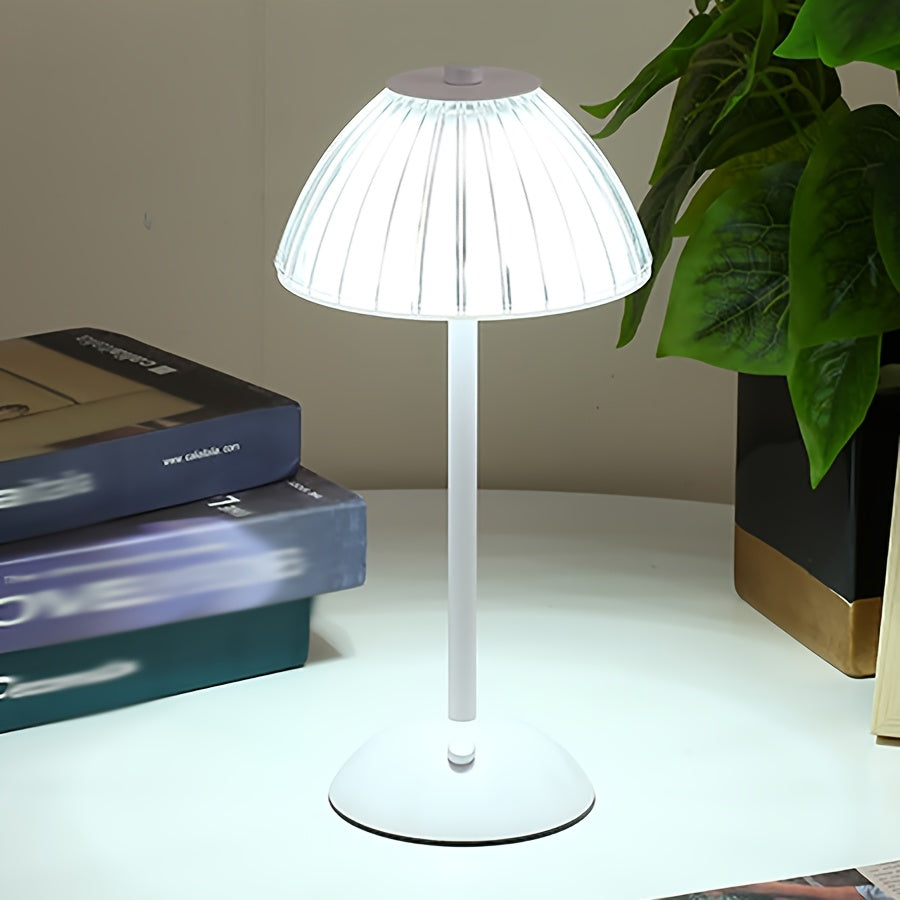Rechargeable Touch LED Accent Lamp with Ribbed Glass Shade – Cordless Bedside Light for Nightstand, Dining Table, Restaurant – 3 Color