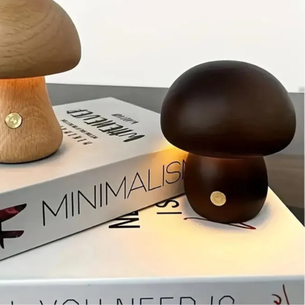 Natural Wood Toadstool Table Lamp with Adjustable Glow and USB Charging for Bedroom, Nursery, or Living Room Ambient Lighting