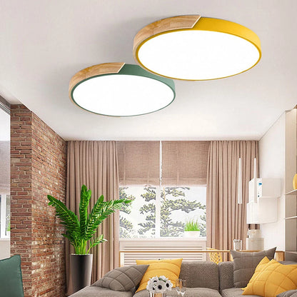 Round Ceiling Light Wood Decor Dimmable Remote