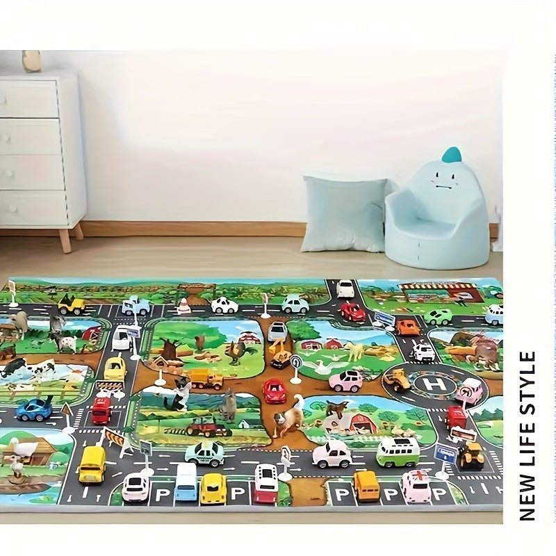 Kids Farm Road Play Rug 39 × 51 Inches Non-Slip Woven Floor Mat for Toddler Pretend Play Vehicle Track Nursery Decor