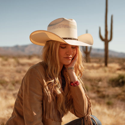 Woven Straw Western Hat Breathable Cowboy Crown Leather Band Silver Gold Accents 4.25" Brim for Summer Rodeo Ranch Outdoor Festivals