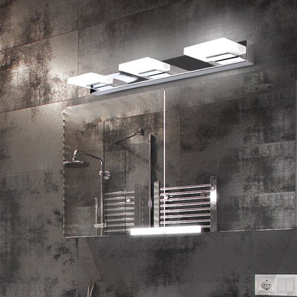Modern Square LED Vanity Light Wall Sconce – Metal & Acrylic, Silver Finish, Rotatable Bulb for Bathroom Mirror Lighting