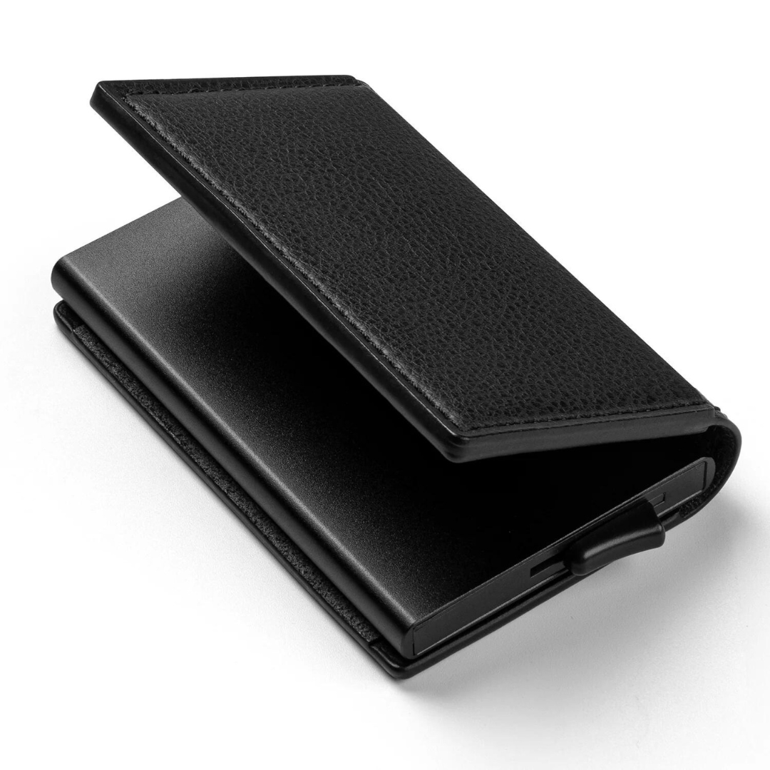 Portefeuille en cuir avec protection RFID et porte-cartes coulissant, 9,4 × 6,6 × 1 cm, mécanisme en aluminium, portefeuille de voyage fin et compact pour poche avant