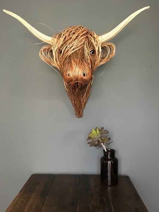 Woven Cattle Head Wall Hanging Natural Fiber 25×21 Inch Statement Piece Farmhouse Boho Decor Textured Animal Sculpture