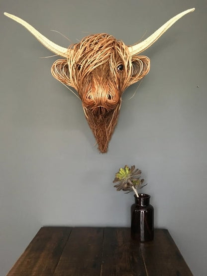 Woven Cattle Head Wall Hanging Natural Fiber 25×21 Inch Statement Piece Farmhouse Boho Decor Textured Animal Sculpture