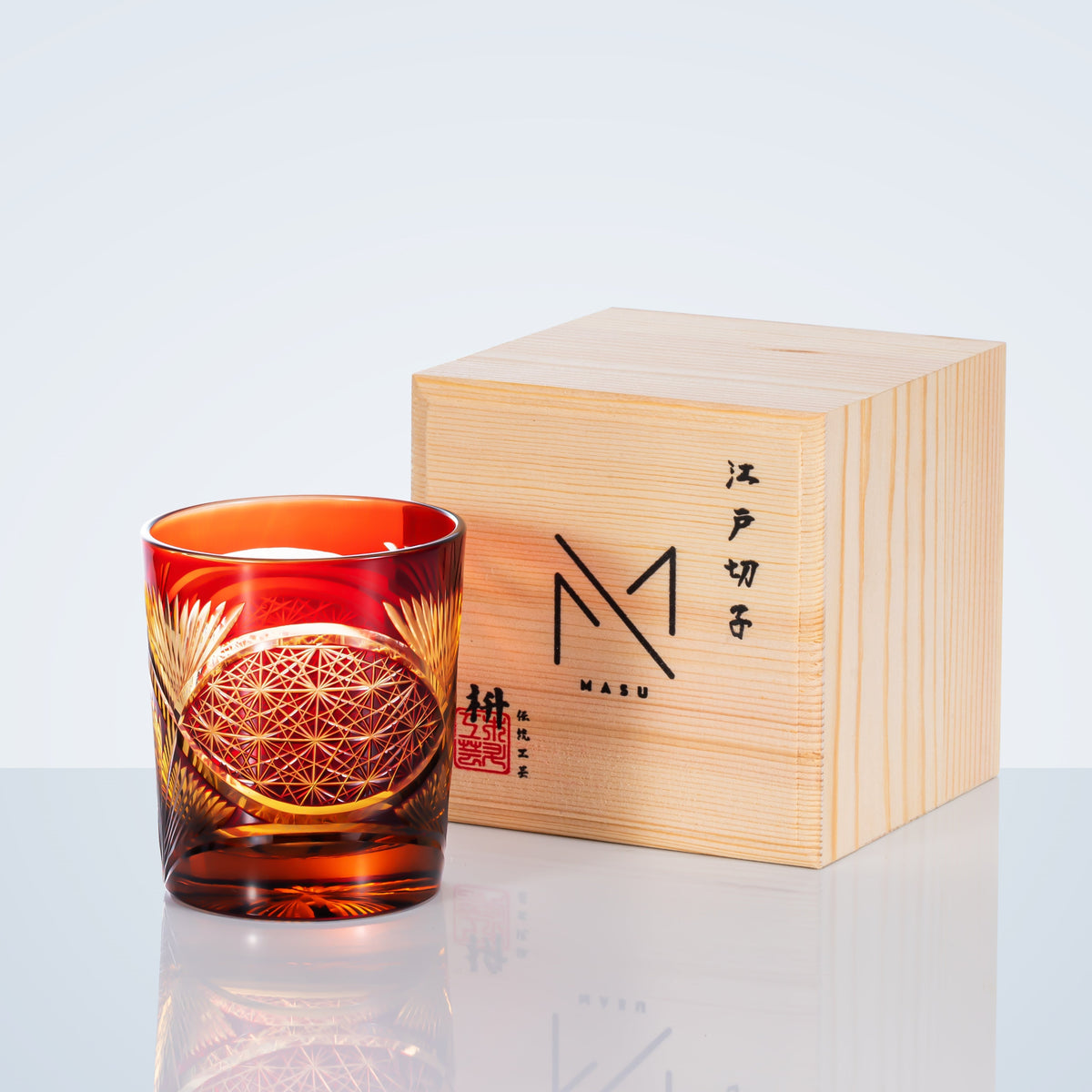 Hand-Cut Crystal Lowball Glass with Etched Crane Motif in Warm Amber Finish for Bourbon Scotch Cocktails Spirits Tasting Home Bar Display El