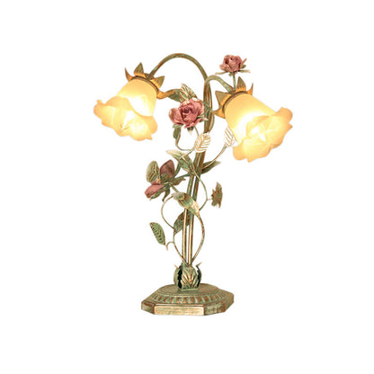 Vintage Metal Nightstand Lamp with Floral Glass Shade for Bedroom, Bedside Table Accent Light, Shabby Chic Cottage Décor