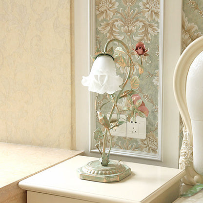Vintage Metal Nightstand Lamp with Floral Glass Shade for Bedroom, Bedside Table Accent Light, Shabby Chic Cottage Décor