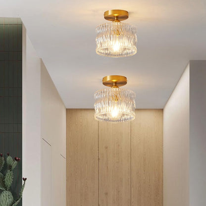 Semi-Flush Overhead Lamp with Textured Glass Dome and Brass-Tone Hardware for Low-Profile Entryways & Bedrooms