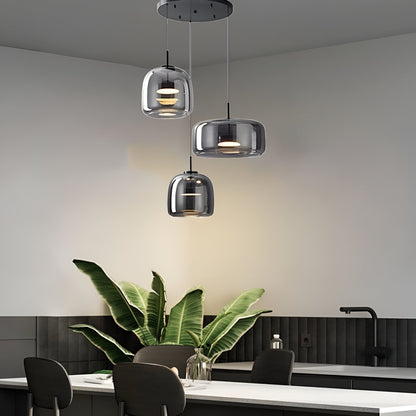 Triple Glass Dome Ceiling Light 15 in Adjustable Height for Kitchen Island Dining Room Modern Hanging Fixture Gray Smoked Finish