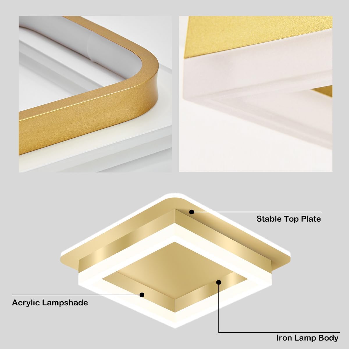 Plafonnier LED carré encastré de 19,6 cm, noir et doré, luminaire géométrique moderne pour chambre, couloir, bureau, entrée, cadre superposé, profil bas