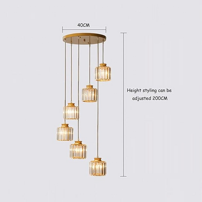 Multi-Tier Hanging Fixture with Crystal Droplets & Brass Frame for Two-Story Foyer, Dining Room, Stairwell – Adjustable Height Spiral Arrang