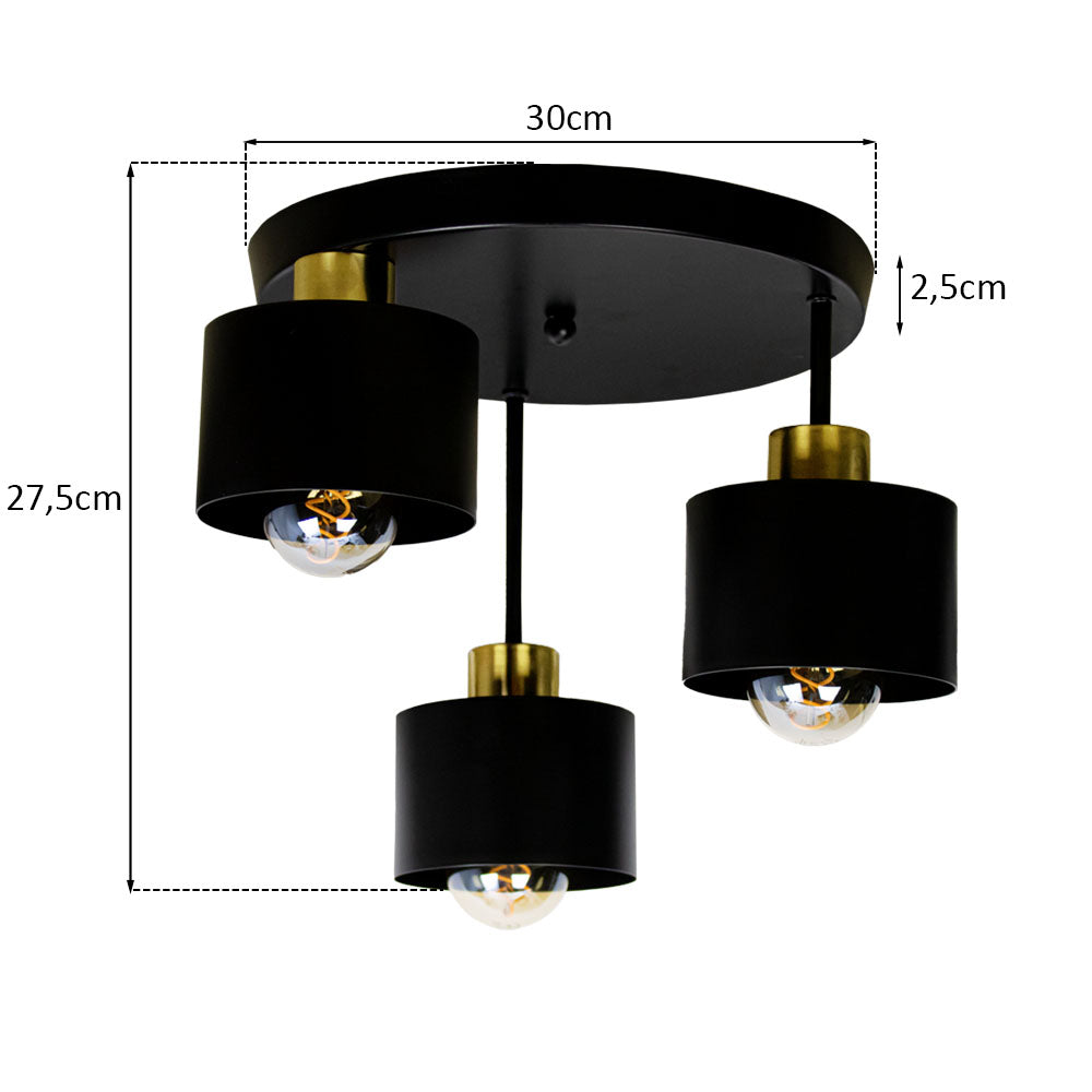 Three-Light Flush Mount Fixture Steel 12-Inch Black Gold Ceiling Lamp E27 for Dining Room Bedroom Hallway Modern Industrial Home Lighting