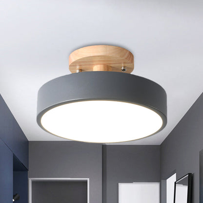 Modern LED Ceiling Light 8-Inch Drum with Wood Accent for Hallways Bedrooms Living Rooms Semi-Flush Mount Metal Fixture Nordic Style