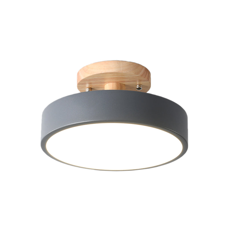 Modern LED Ceiling Light 8-Inch Drum with Wood Accent for Hallways Bedrooms Living Rooms Semi-Flush Mount Metal Fixture Nordic Style