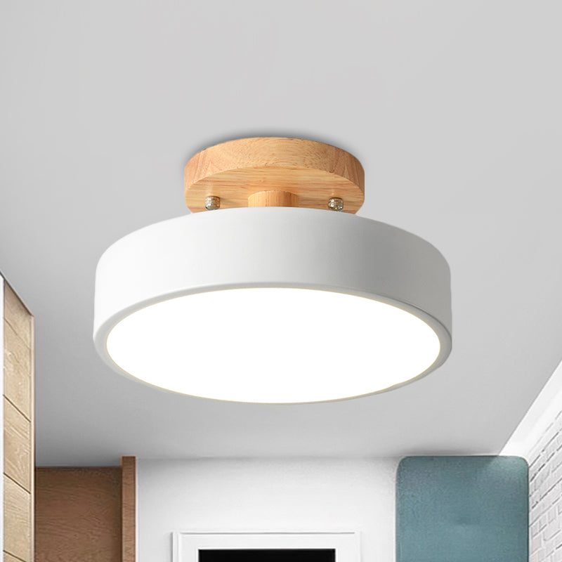 Modern LED Ceiling Light 8-Inch Drum with Wood Accent for Hallways Bedrooms Living Rooms Semi-Flush Mount Metal Fixture Nordic Style