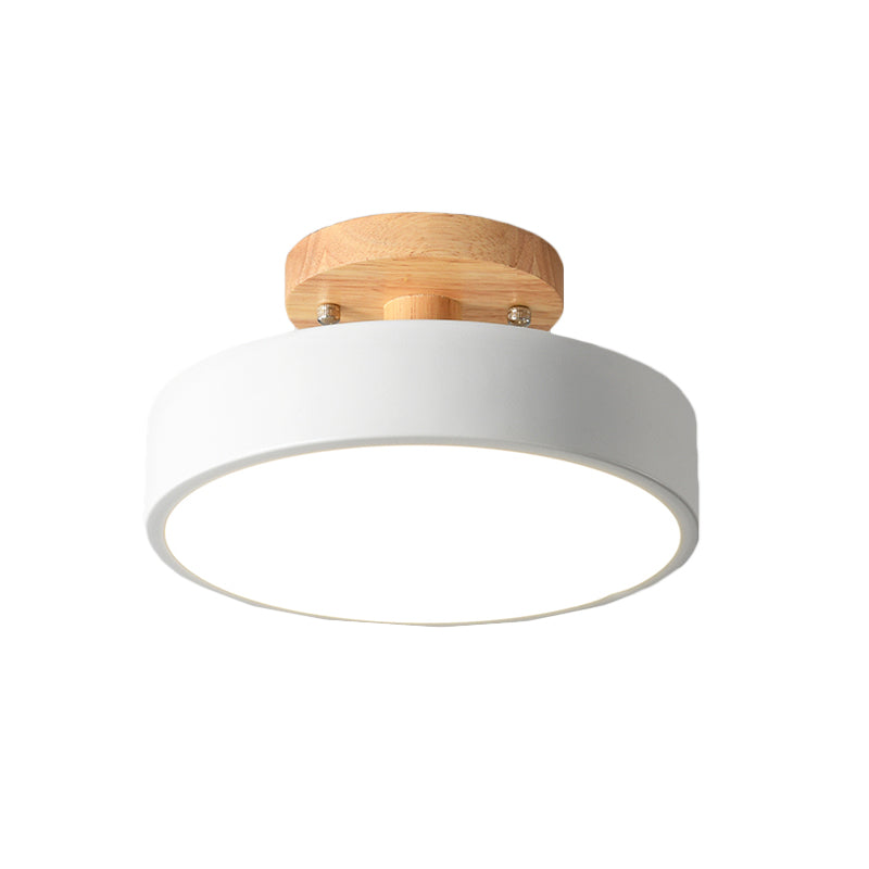 Modern LED Ceiling Light 8-Inch Drum with Wood Accent for Hallways Bedrooms Living Rooms Semi-Flush Mount Metal Fixture Nordic Style