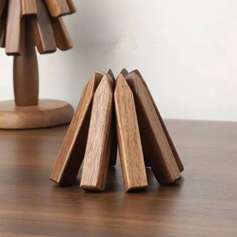 Wooden Heat Protector for Hot Pans & Pots — Walnut Folding Stand with Tree-Inspired Shape for Kitchen Tables, Countertops & Dining Rooms
