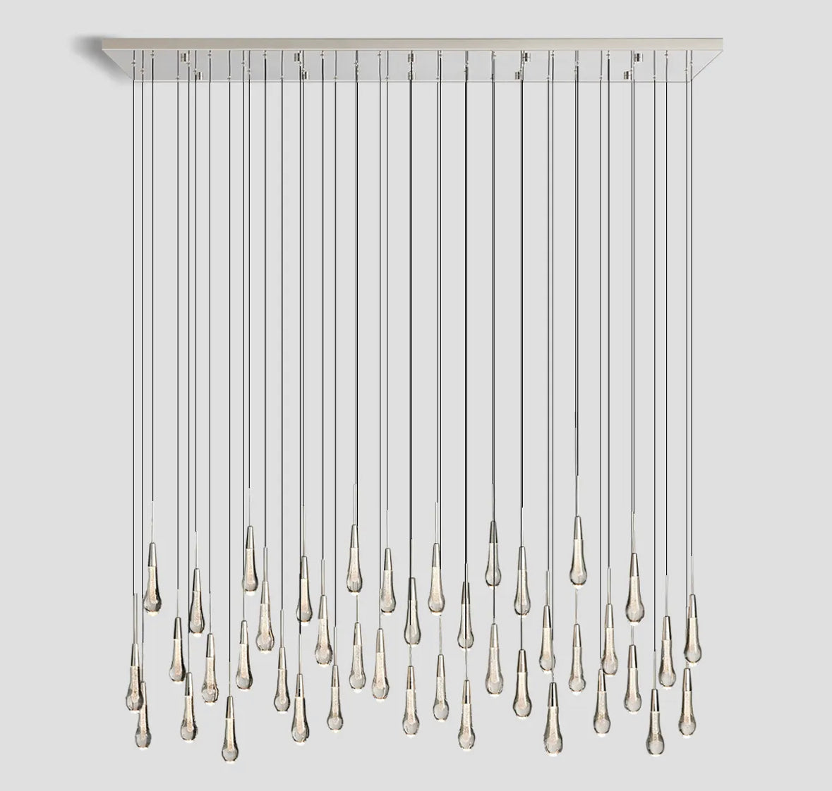 Cascading Raindrop Linear LED Chandelier – Textured Glass Orbs, Adjustable Height, Vaulted Ceiling Ready – 37 to 120 Inch Options for