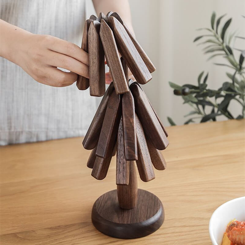 Wooden Heat Protector for Hot Pans & Pots — Walnut Folding Stand with Tree-Inspired Shape for Kitchen Tables, Countertops & Dining Rooms