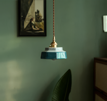 Ceramic Hanging Lamp with Hand-Painted Design & Copper Socket for Kitchen Island, Dining Room, Bedroom & Cafe | Scandinavian Style Fixture