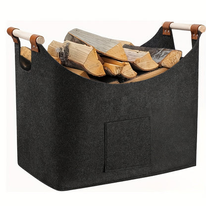 Collapsible Firewood Basket with Wooden Handles – 14.5 Gallon Felt Log Carrier for Living Room & Fireplace – Dark Gray Storage Bin