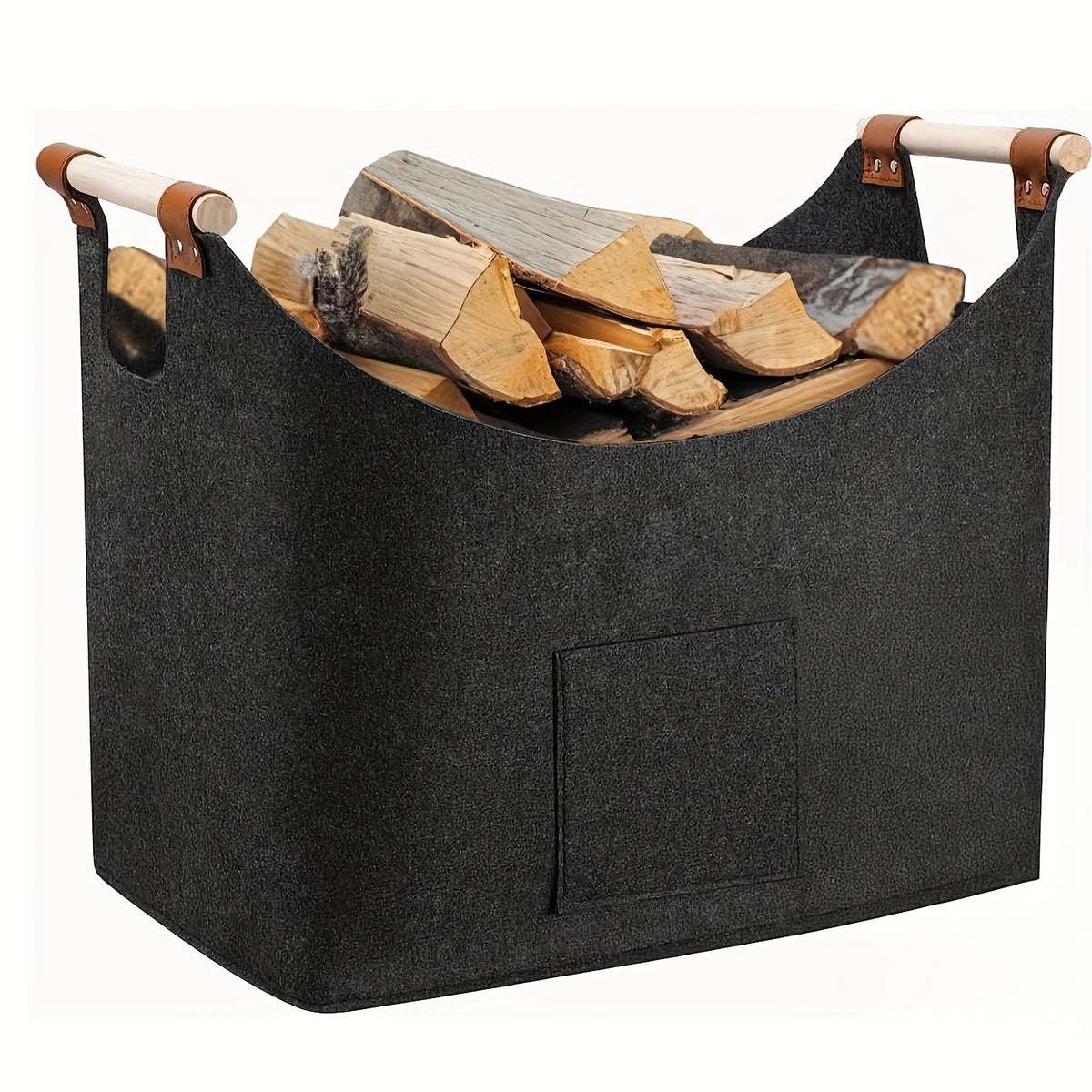 Collapsible Firewood Basket with Wooden Handles – 14.5 Gallon Felt Log Carrier for Living Room & Fireplace – Dark Gray Storage Bin