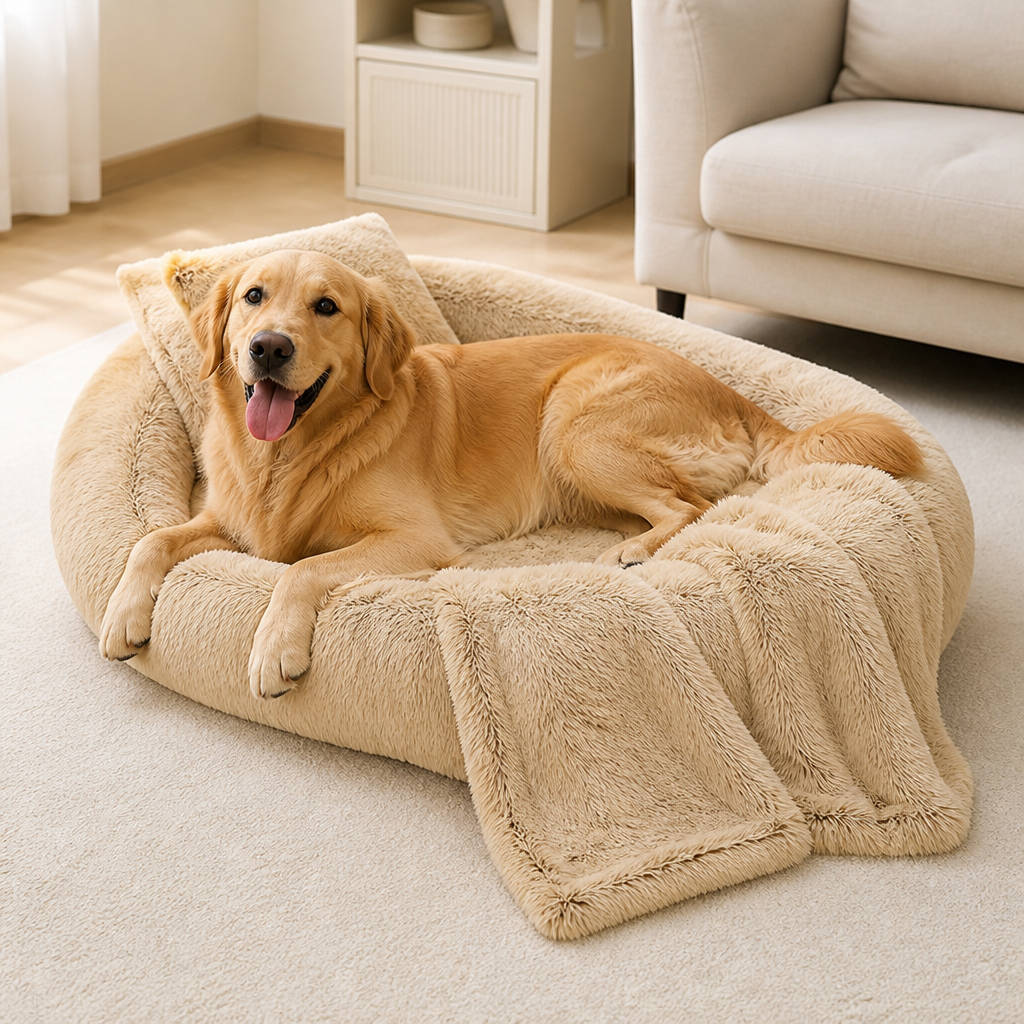 Lit pour humain façon canapé pour chien Ortekor, orthopédique et en fausse fourrure lavable (housse amovible)