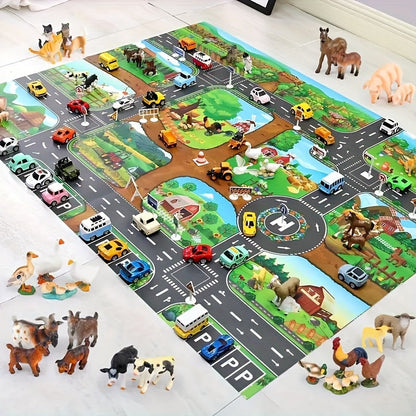 Kids Activity Floor Mat 39 x 51 Inches Woven Non-Slip Farm Road Design for Playrooms Bedrooms Nursery Interactive Rug