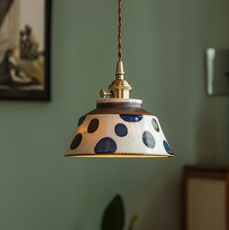 Ceramic Hanging Light Fixture with Unique Floral Designs for Kitchen, Dining Room, Cafe | Artisan Crafted Copper Hardware Pendant Lamp