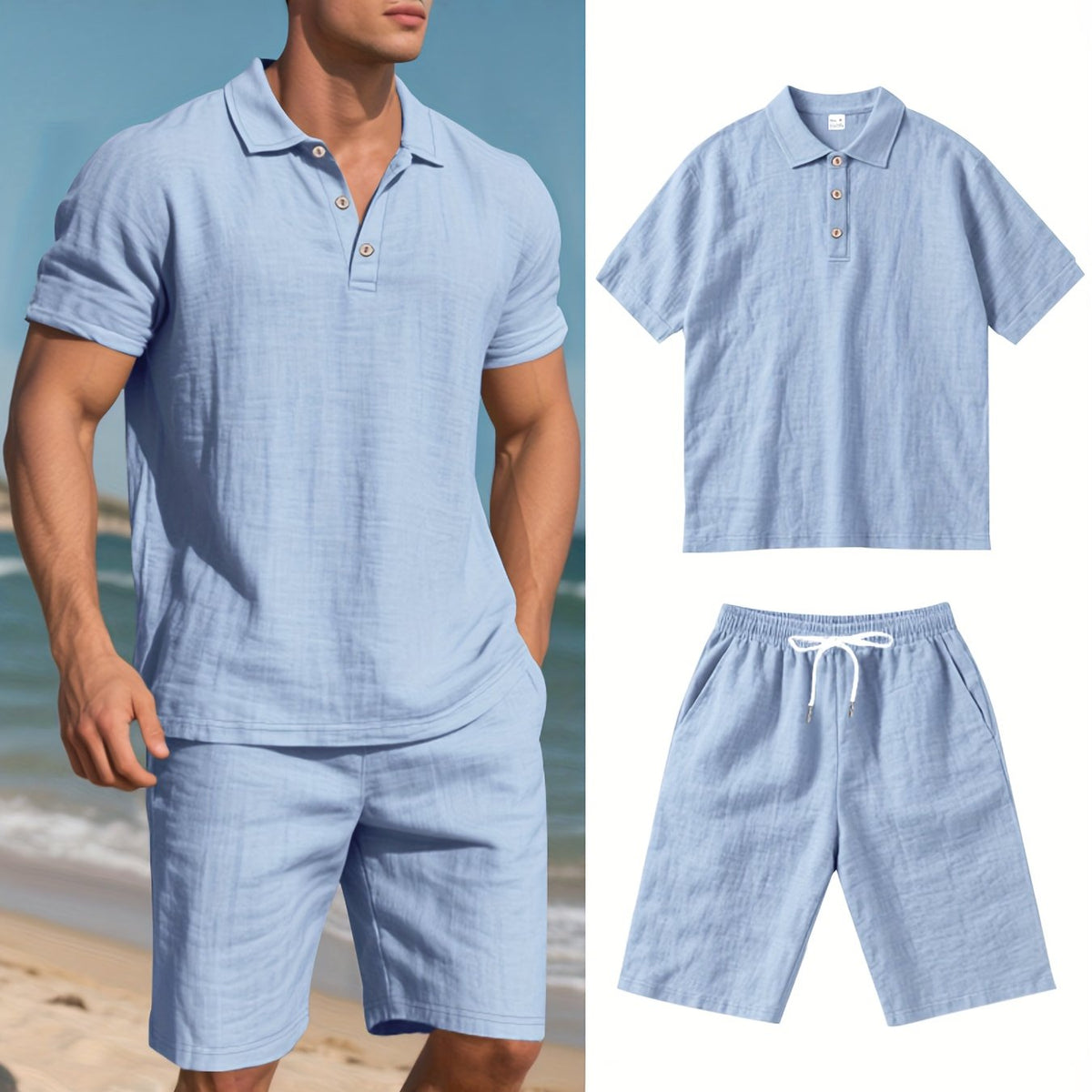 Men's Short-Sleeve Polo & Shorts Linen Set Summer Two-Piece Outfit Lightweight Breathable Casual Wear for Warm Weather