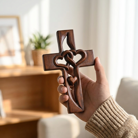 Décoration murale en bois en forme de croix avec deux cœurs pour salon, chambre, entrée, décoration religieuse artisanale
