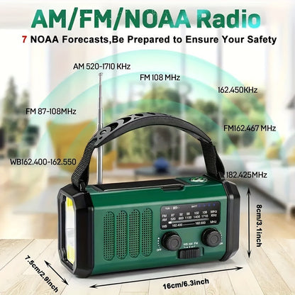 Radio météo d'urgence avec panneau solaire, manivelle, lampe de poche, batterie externe 10 000 mAh, AM FM NOAA, SOS, boussole, rechargeable USB-C pour camping et survie