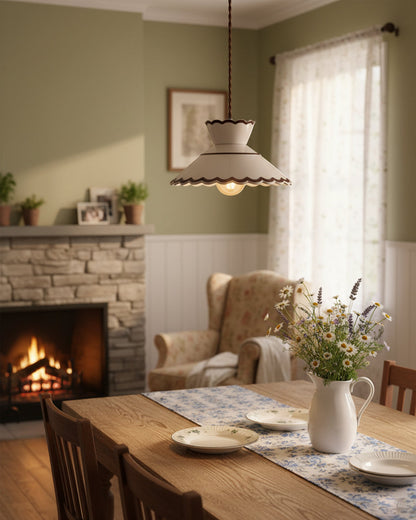 Handcrafted Ceramic Hanging Light with Floral Design 9.6 Inch Diameter Overhead Fixture Adjustable Cord E26 Socket for Dining Area Kitchen C