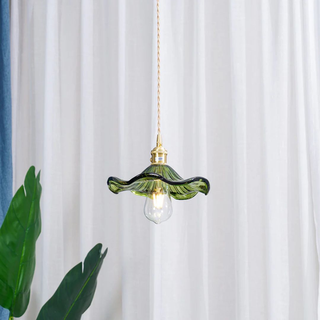 Glass Ceiling Light with Sculptural Ripple Edge – 9 in Hanging Fixture with Metal Hardware for Kitchen, Dining Area, or Bedroom – Adjustable