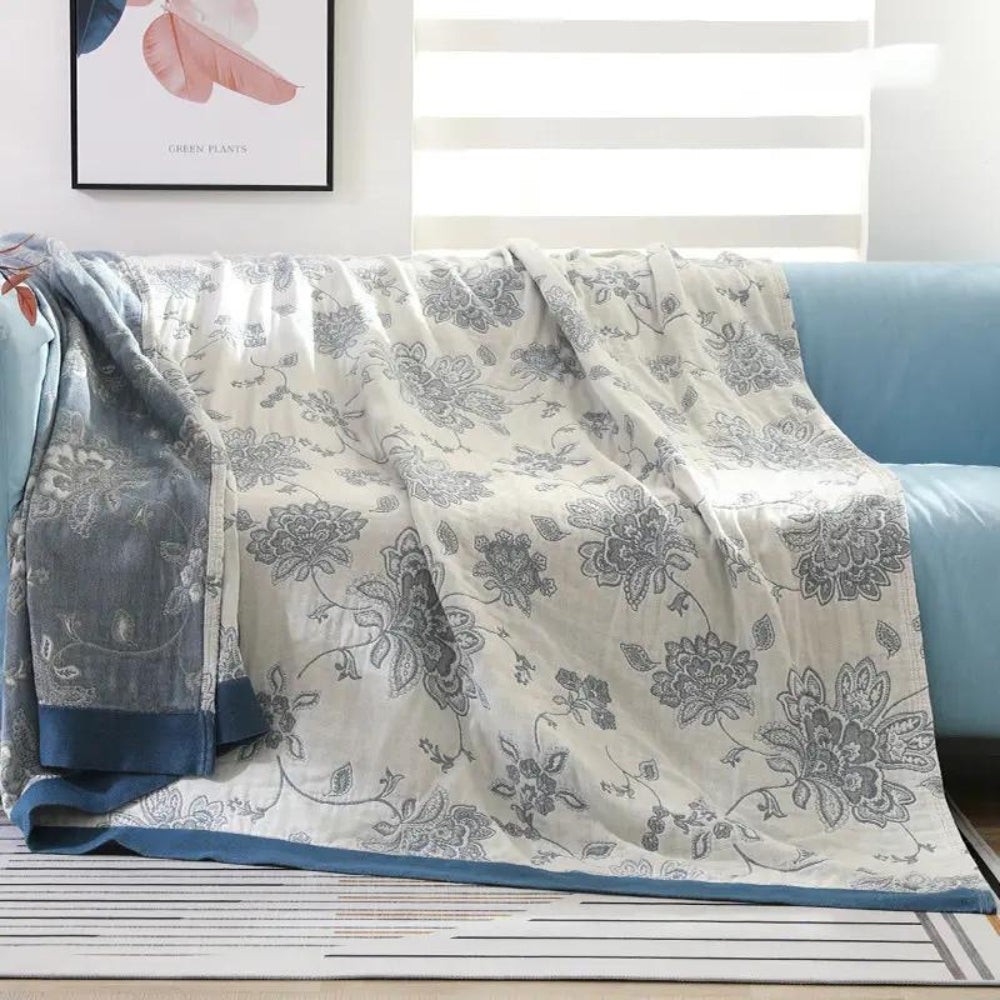 Layered Cotton Gauze Throw Blanket with Botanical Print for Bed or Couch – Lightweight Year-Round Comfort for Bedroom Living Room