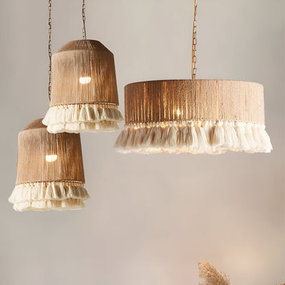 Woven Natural Fiber Ceiling Light Fixture with Tassel Detail for Dining Room, Bedroom & Living Room | Handcrafted Bohemian Style
