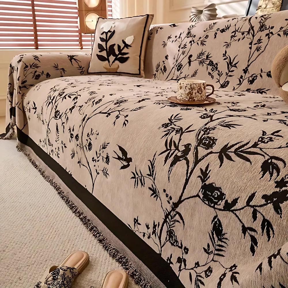 Plaid de canapé en chenille texturée à pompons – Housse de canapé en jacquard floral pour salon, résistante aux animaux et antidérapante