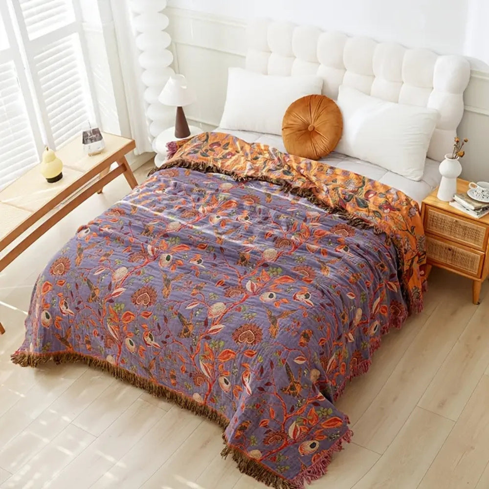 Reversible Cotton Throw Blanket with Floral Jacquard Weave & Tassel Trim for Sofa, Bed, Couch | All-Season Lightweight Decorative Blanket