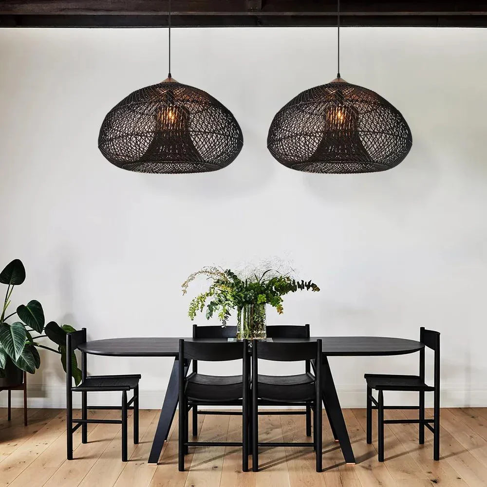 Woven Rattan Ceiling Light Fixture E26 Natural Boho Hanging Lamp for Dining Kitchen Island Bedroom Ambient Lighting Handcrafted Organic Text