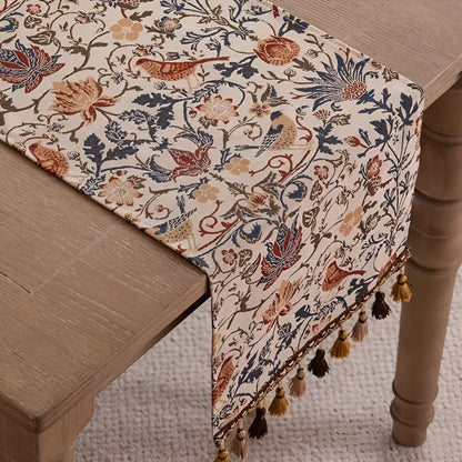 Woven Jacquard Table Runner with Tassels - Floral Bird Pattern for Dining & Coffee Tables - Vintage Countryside Design - Tassel Trim
