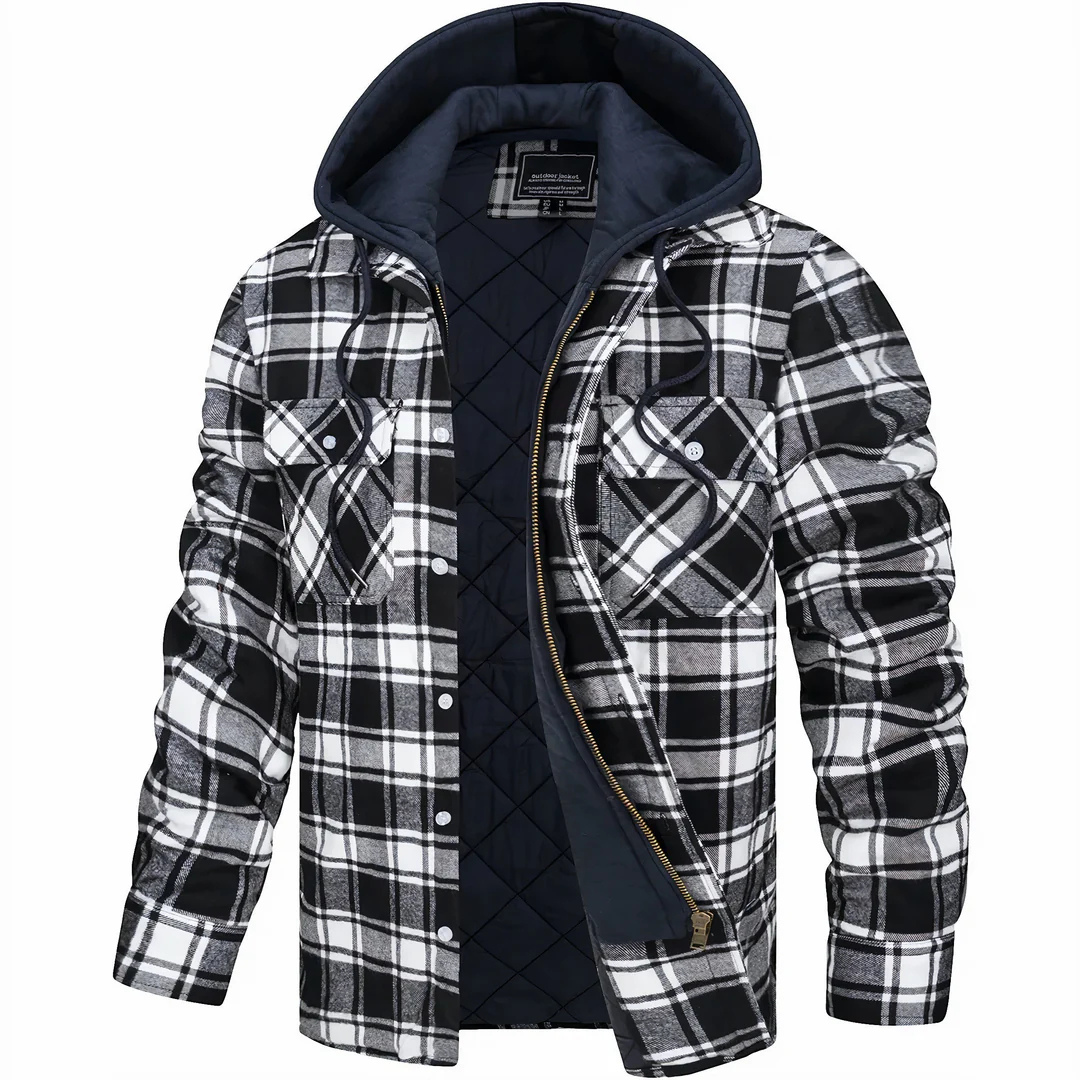 Quilted Plaid Flannel Shirt Jacket with Removable Hood for Men – Button Front & Zip Closure