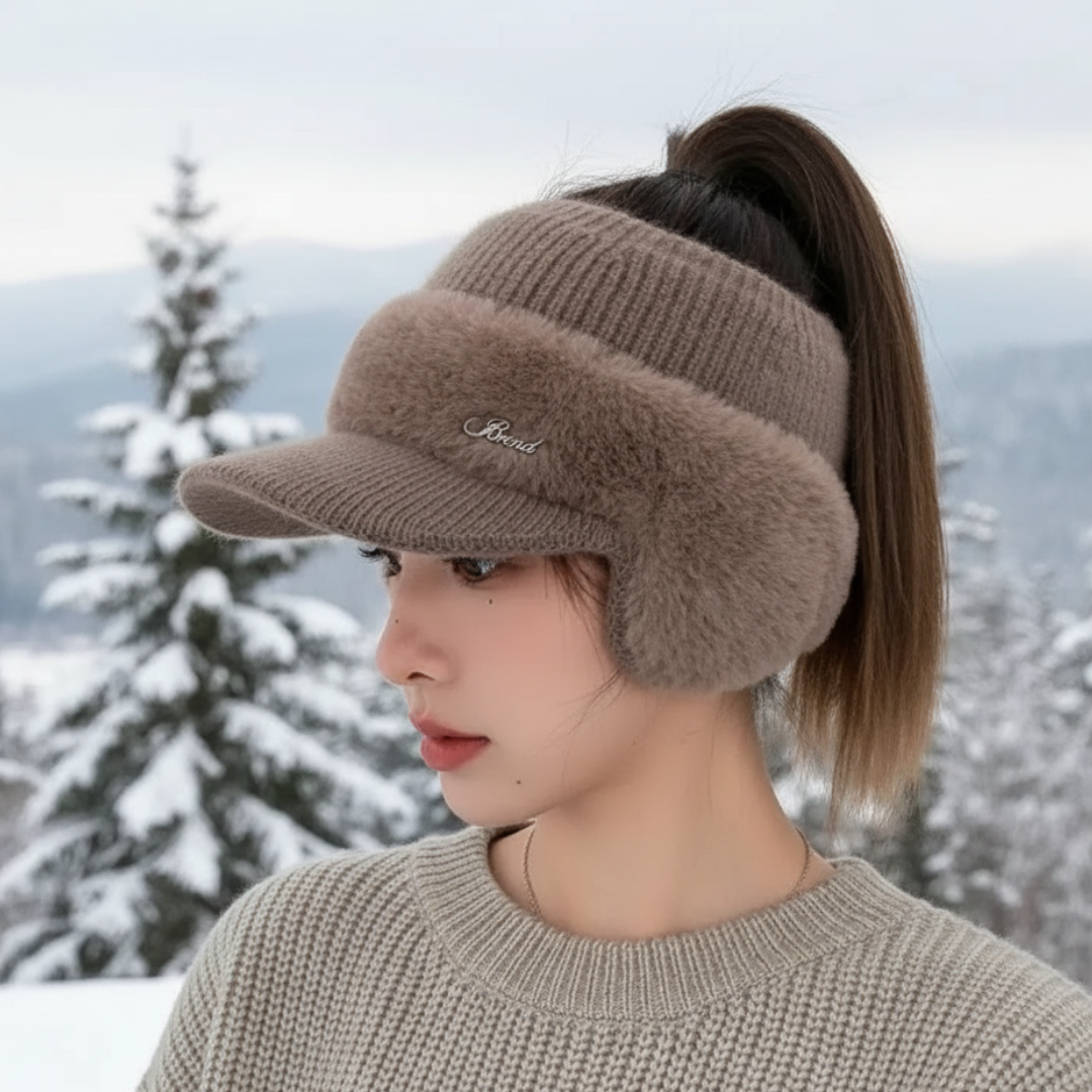 Knit Winter Baseball Cap with Ear Warmers & Ponytail Opening for Women – Insulated Fleece-Lined Sports Beanie Hat